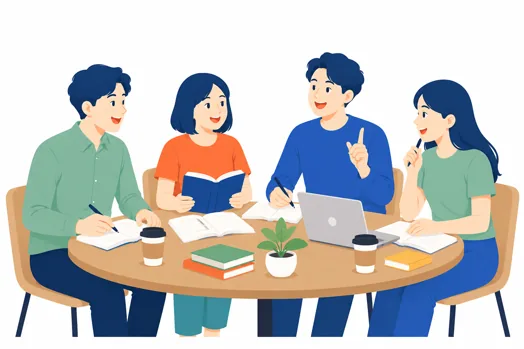 フリースペースで談笑する人々のイラスト